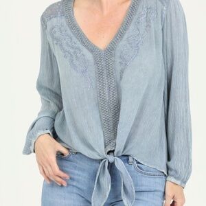 NWT Nostalgia blue tie front embroidered blouse